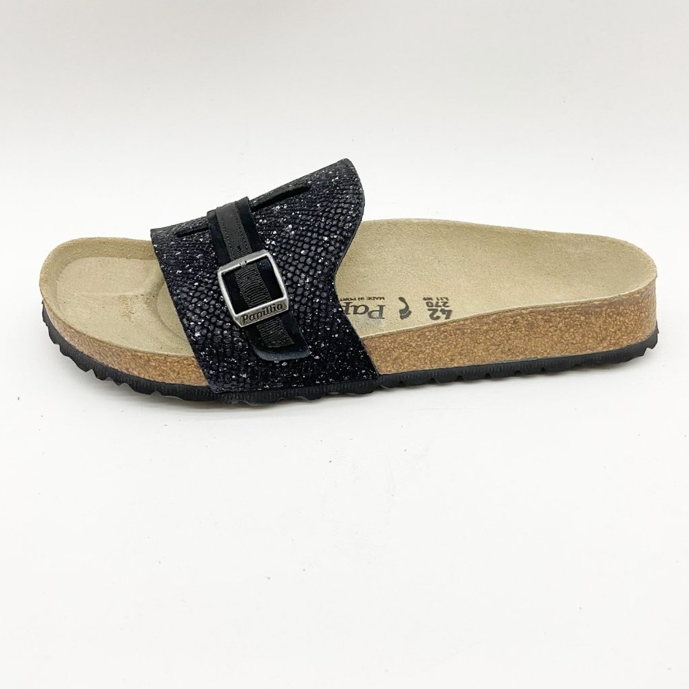 Papillio Birkenstock Womens Carmen Silver Splash Black Leather Slide Narrow Fit